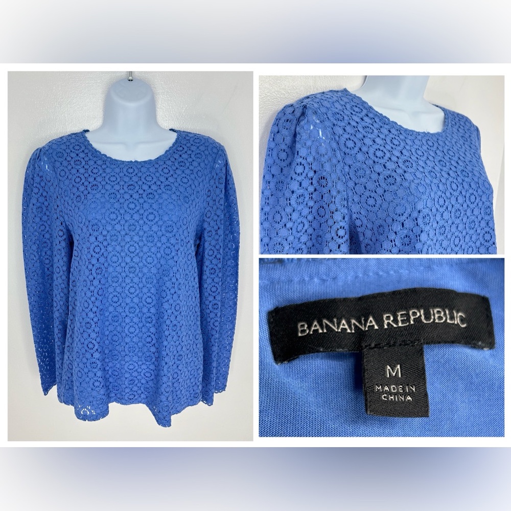 Banana Republic Lace Fluted Sleeve Top Size Medium Blouse Blue Classic Office‎